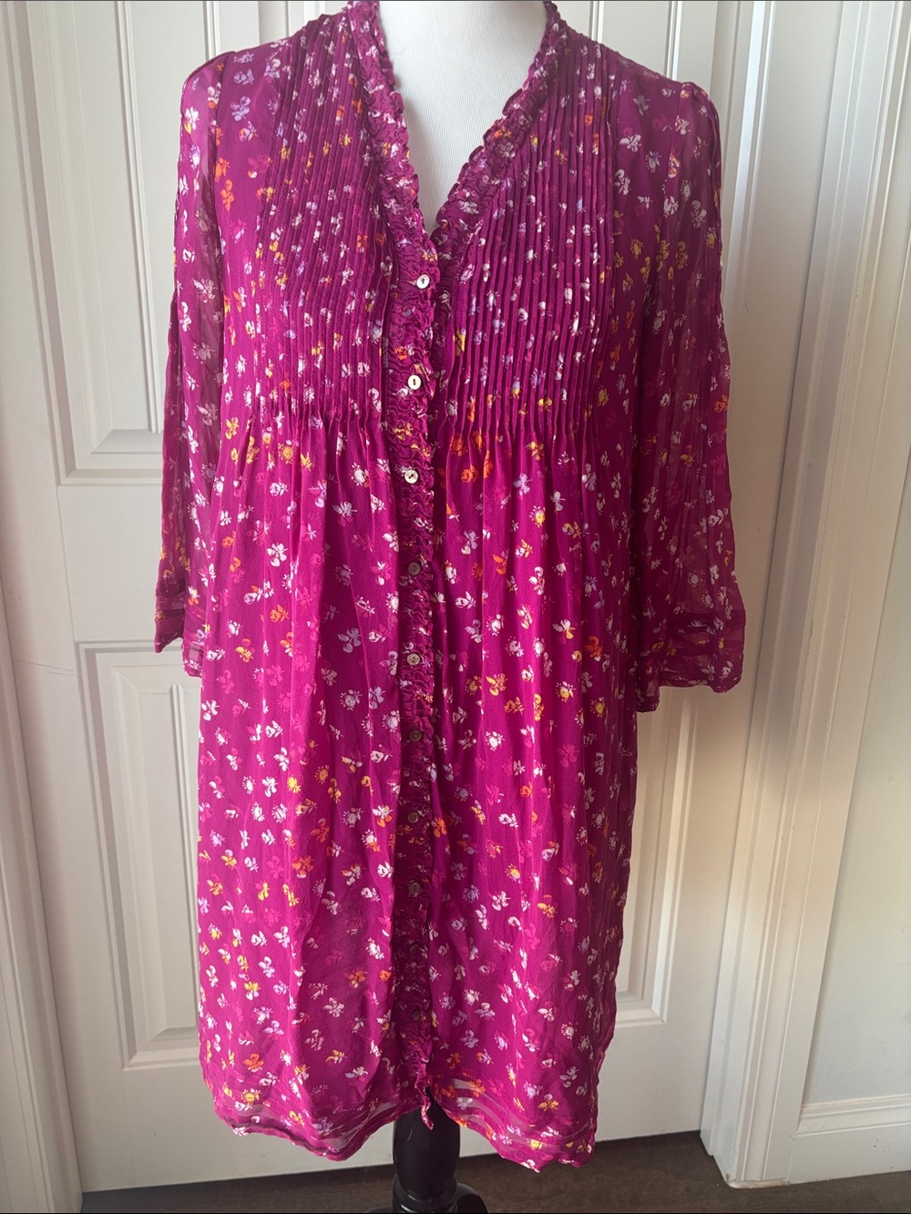 Diane von Furstenberg Silk Floral Pintuck Ruffle Tunic Dress Magenta Pink